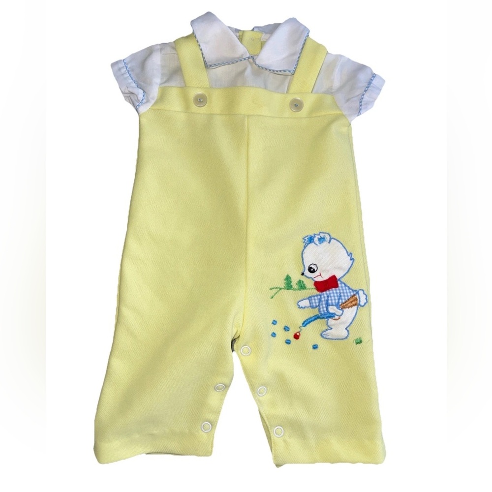 Vintage Boys Yellow‎ Overall Jumper size 12 mos Peter Pan Collar Fishing Bear